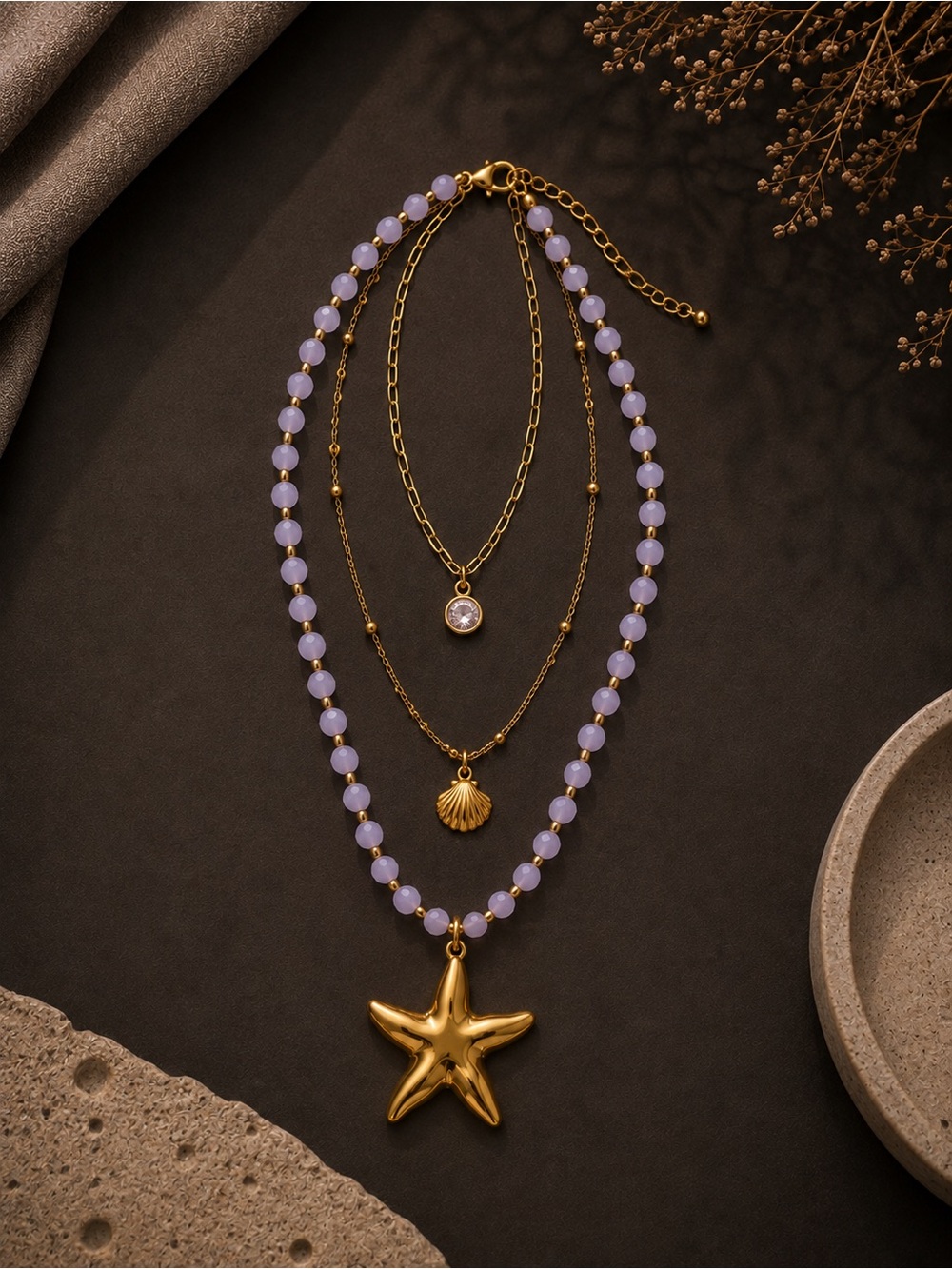 Gold tone Starfish Necklace with Lavender Beads